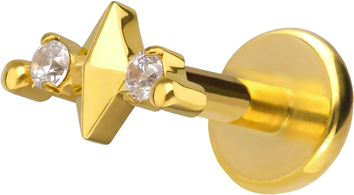 Titan Labret Piercing mit Push Fit RAUTE + 2 KRISTALLE